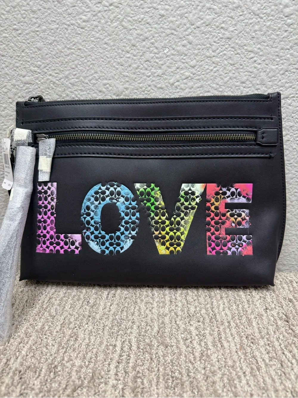 Coach Black Wristlet Pouch with Multicolor LOVE Print